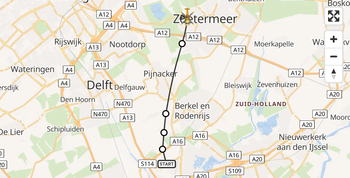 Vluchtroute Traumahelikopter van Rotterdam The Hague Airport naar Zoetermeer