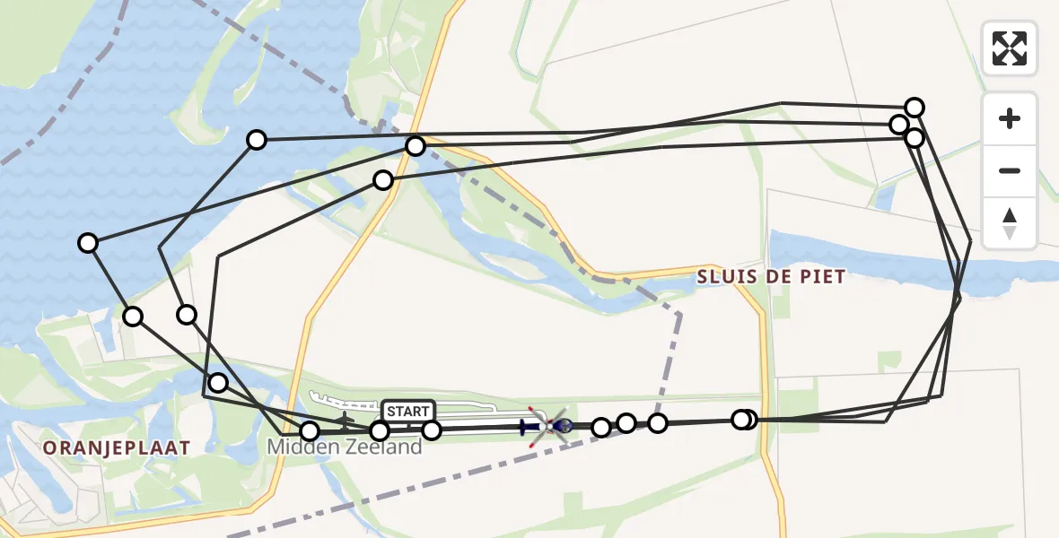 Vluchtroute Politiehelikopter van Vliegveld Midden-Zeeland naar Vliegveld Midden-Zeeland