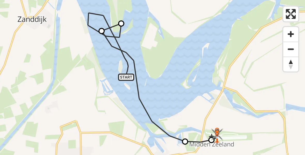 Vluchtroute Kustwachthelikopter van Veerse Meer naar Vliegveld Midden-Zeeland