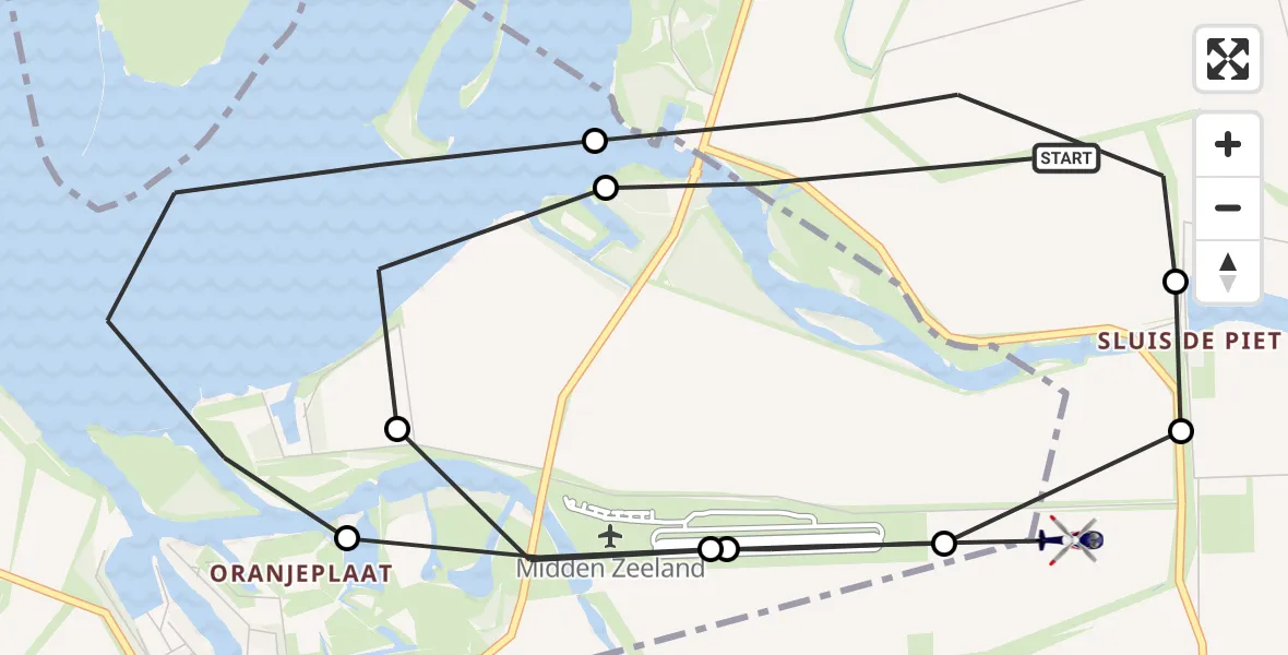 Vluchtroute Politiehelikopter van Wolphaartsdijk naar 's-Heer Arendskerke