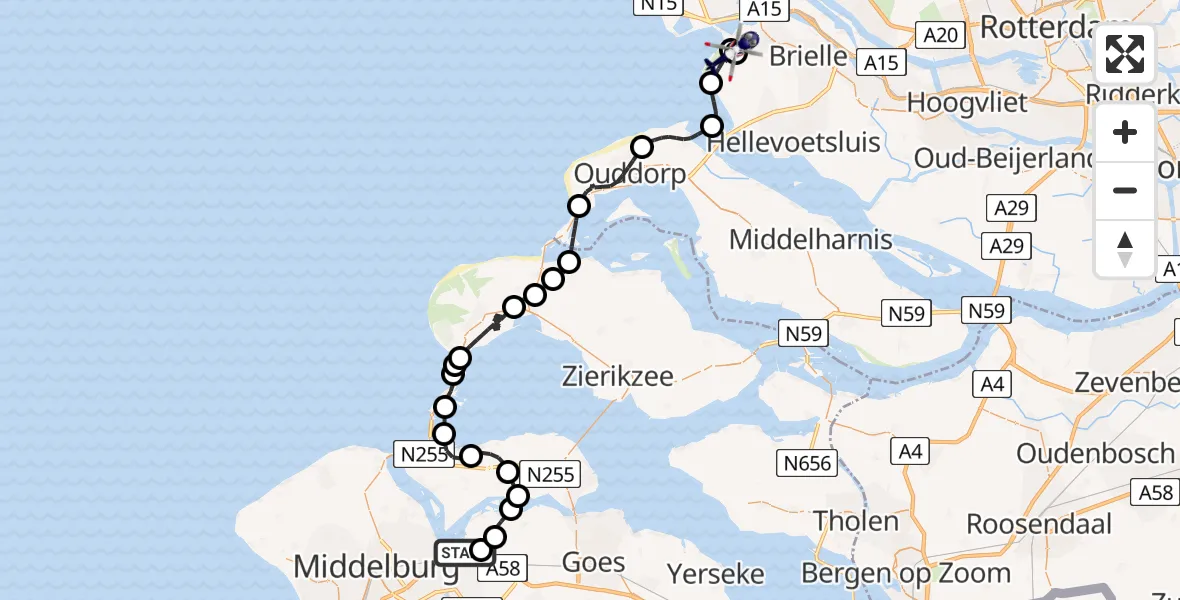 Vluchtroute Politiehelikopter van Vliegveld Midden-Zeeland naar Rockanje