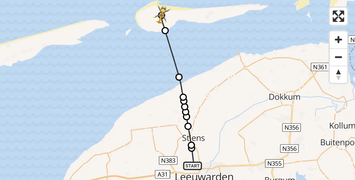 Vluchtroute Ambulancehelikopter van Vliegbasis Leeuwarden naar Ameland Vliegveld Ballum