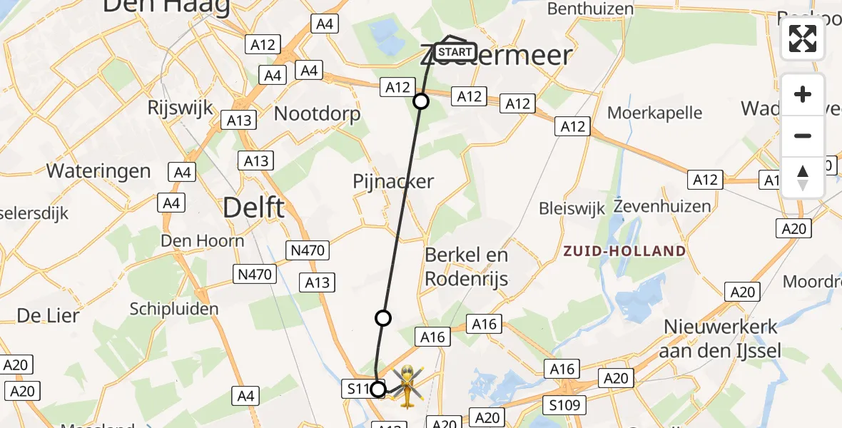 Vluchtroute Traumahelikopter van Zoetermeer naar Rotterdam The Hague Airport