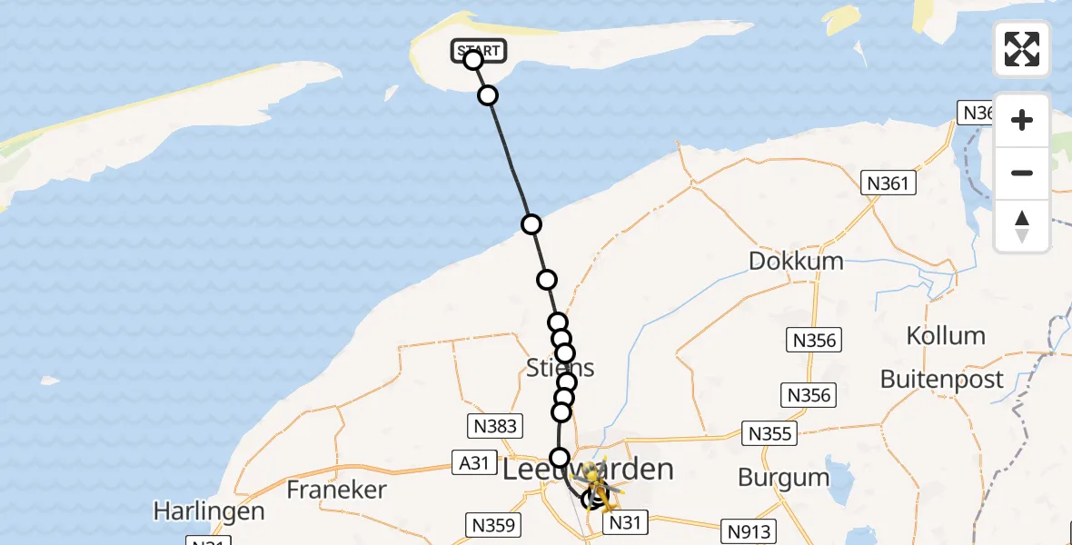 Vluchtroute Ambulancehelikopter van Ameland Vliegveld Ballum naar Leeuwarden Medical Center Heliport