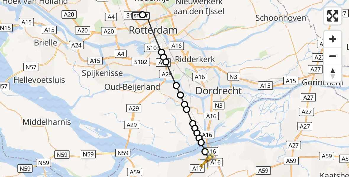 Vluchtroute Traumahelikopter van Rotterdam The Hague Airport naar Moerdijk