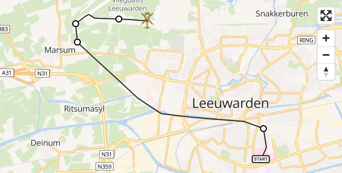 Vluchtroute Ambulancehelikopter van Leeuwarden Medical Center Heliport naar Vliegbasis Leeuwarden