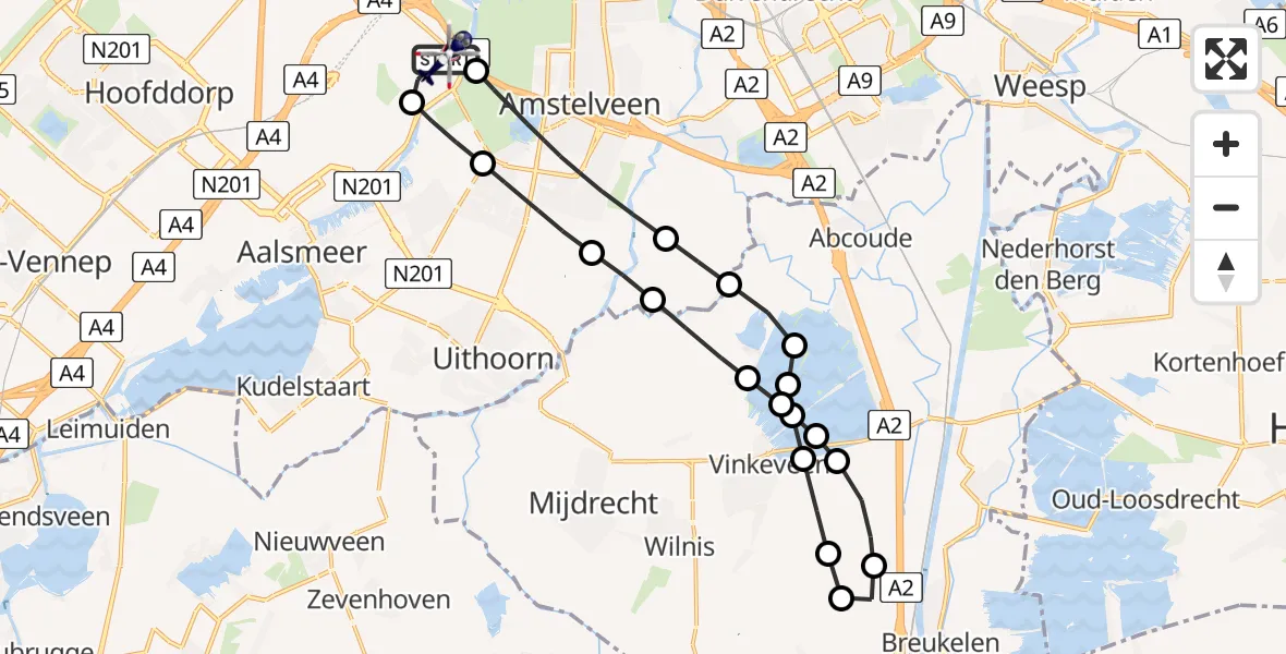 Vluchtroute Politiehelikopter van Amsterdam Vliegveld Schiphol naar Amsterdam Vliegveld Schiphol