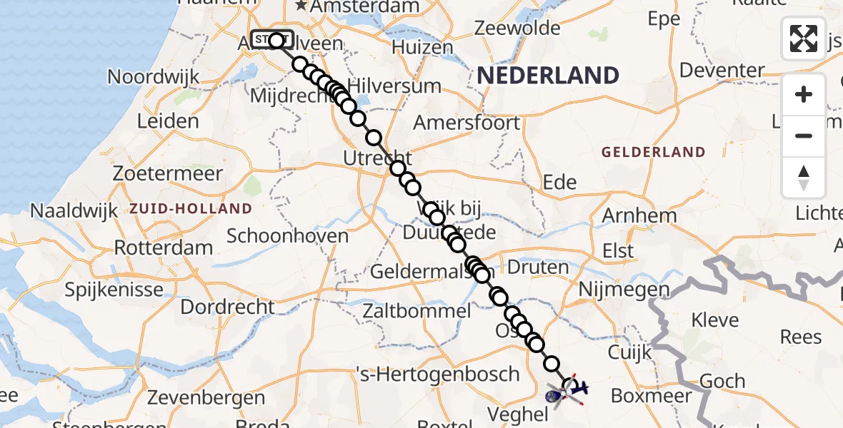 Vluchtroute Politiehelikopter van Amsterdam Vliegveld Schiphol naar Vliegbasis Volkel