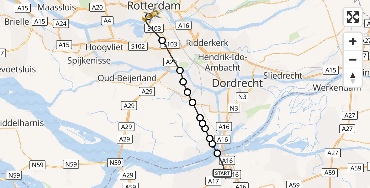 Vluchtroute Traumahelikopter van Moerdijk naar Erasmus MC