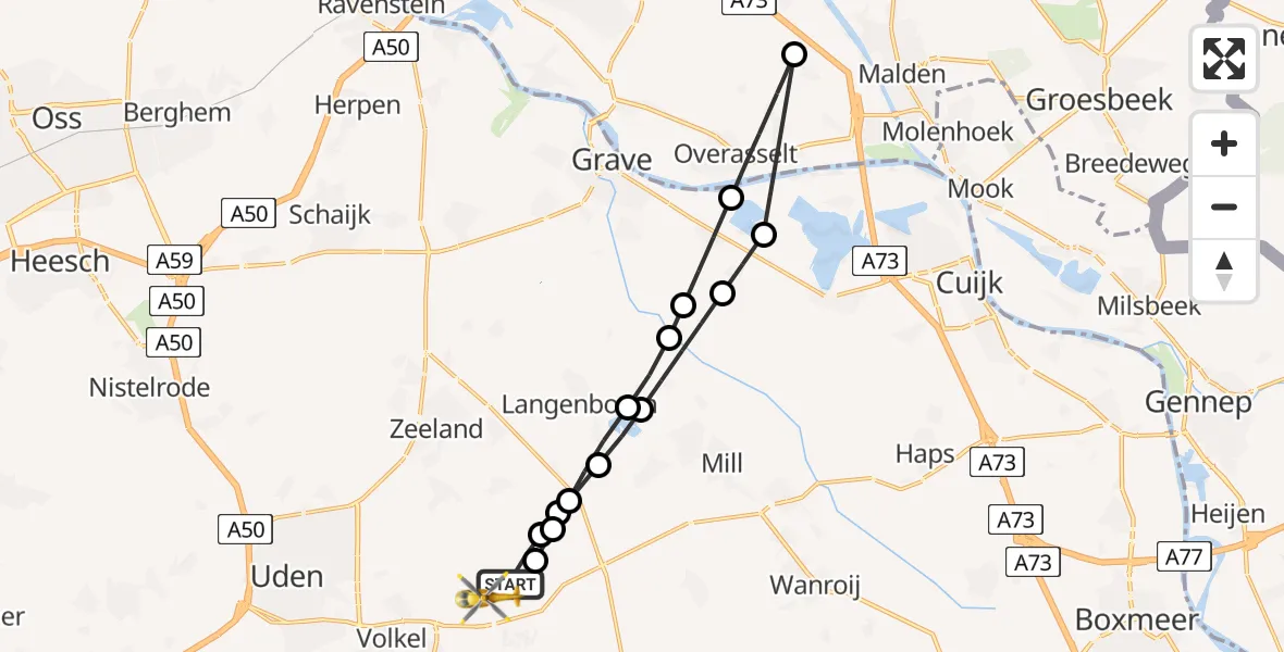 Vluchtroute Traumahelikopter van Vliegbasis Volkel naar Vliegbasis Volkel