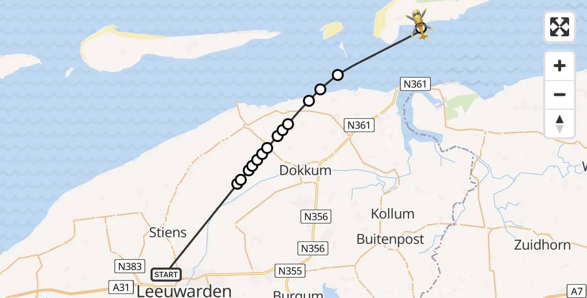 Vluchtroute Ambulancehelikopter van Vliegbasis Leeuwarden naar Schiermonnikoog Heliport