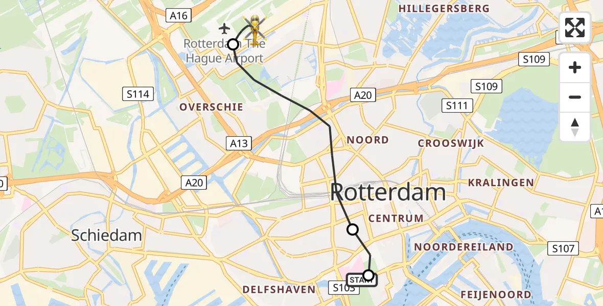 Vluchtroute Traumahelikopter van Erasmus MC naar Rotterdam The Hague Airport