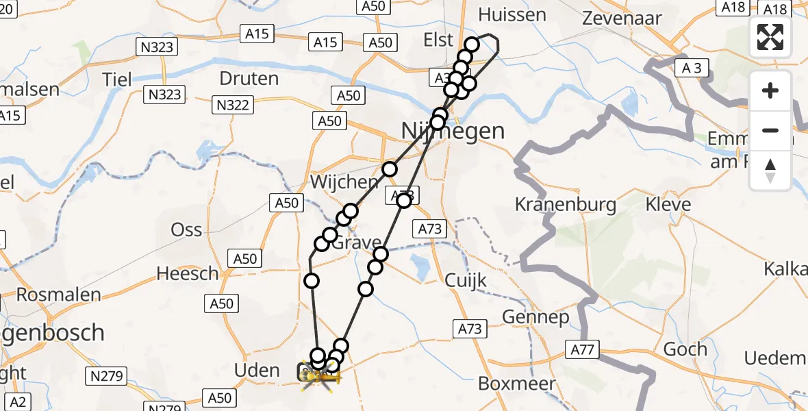 Vluchtroute Traumahelikopter van Vliegbasis Volkel naar Vliegbasis Volkel