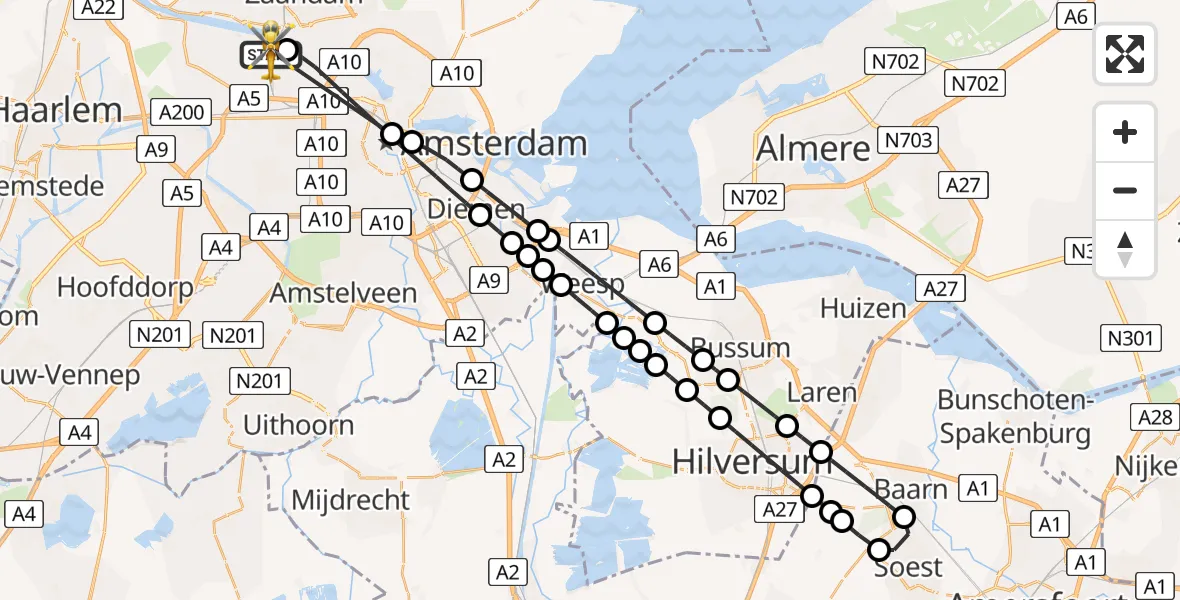 Vluchtroute Traumahelikopter van Amsterdam Heliport naar Amsterdam Heliport