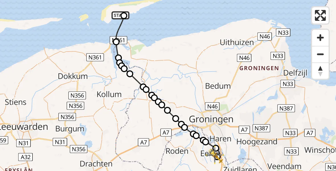 Vluchtroute Ambulancehelikopter van Schiermonnikoog Heliport naar Groningen Airport Eelde