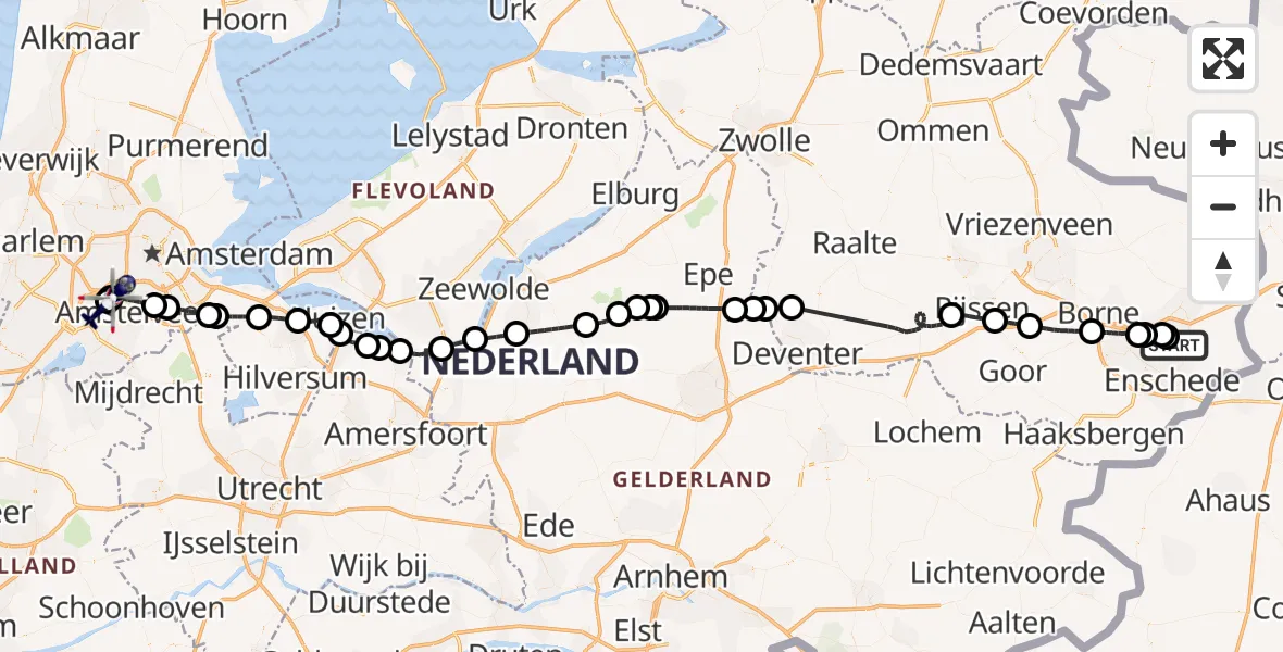 Vluchtroute Politiehelikopter van Enschede naar Amsterdam Vliegveld Schiphol