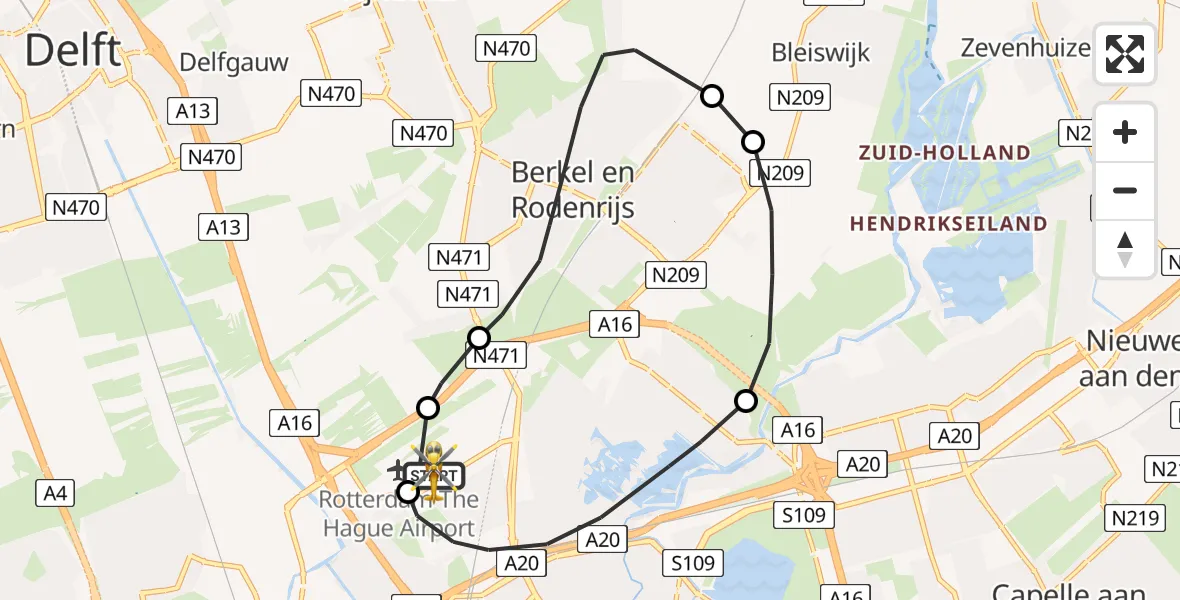 Vluchtroute Traumahelikopter van Rotterdam The Hague Airport naar Rotterdam The Hague Airport