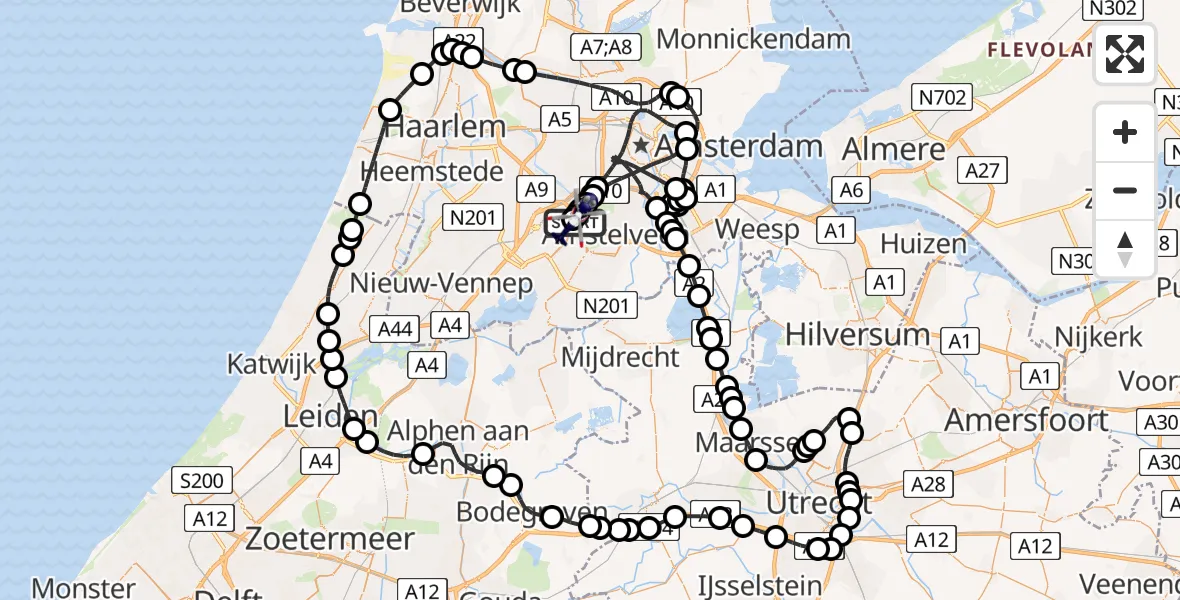 Vluchtroute Politiehelikopter van Amsterdam Vliegveld Schiphol naar Amsterdam Vliegveld Schiphol