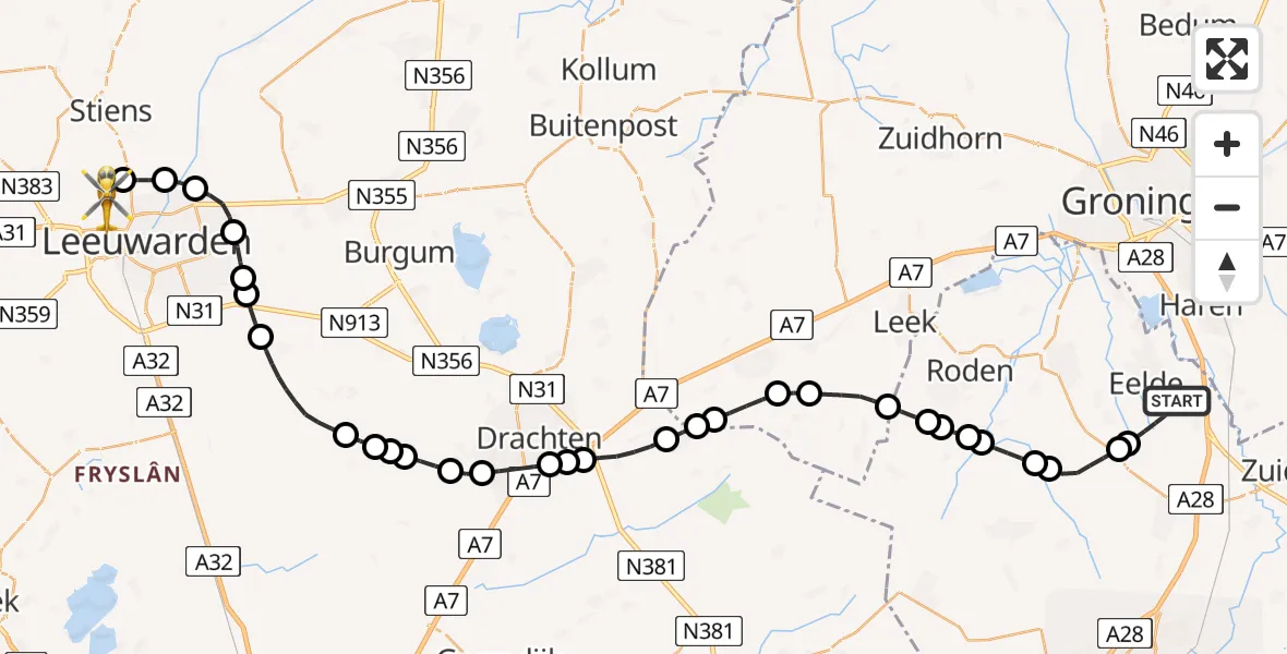 Vluchtroute Ambulancehelikopter van Groningen Airport Eelde naar Vliegbasis Leeuwarden