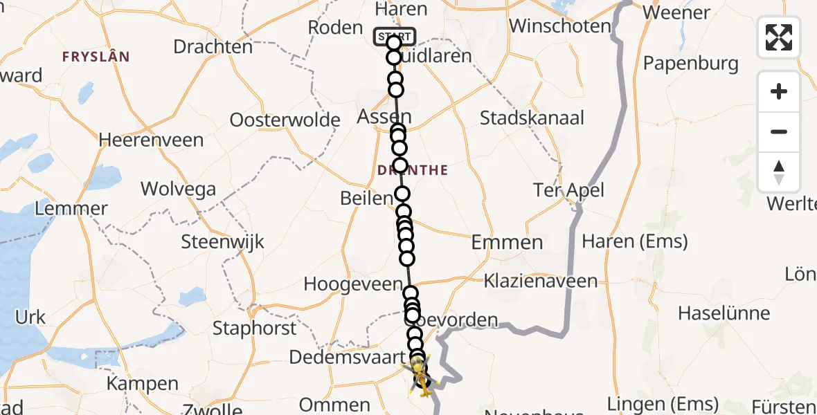 Vluchtroute Traumahelikopter van Groningen Airport Eelde naar Hoogenweg