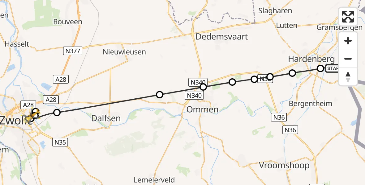 Vluchtroute Traumahelikopter van Hoogenweg naar Isala Hospital Zwolle Heliport
