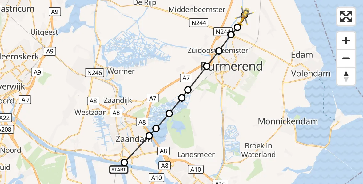 Vluchtroute Traumahelikopter van Amsterdam Heliport naar Hobrede