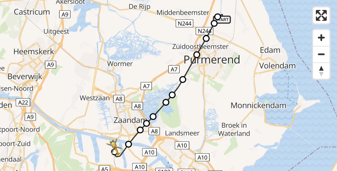 Vluchtroute Traumahelikopter van Hobrede naar Amsterdam Heliport