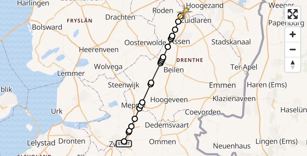 Vluchtroute Traumahelikopter van Isala Hospital Zwolle Heliport naar Groningen Airport Eelde