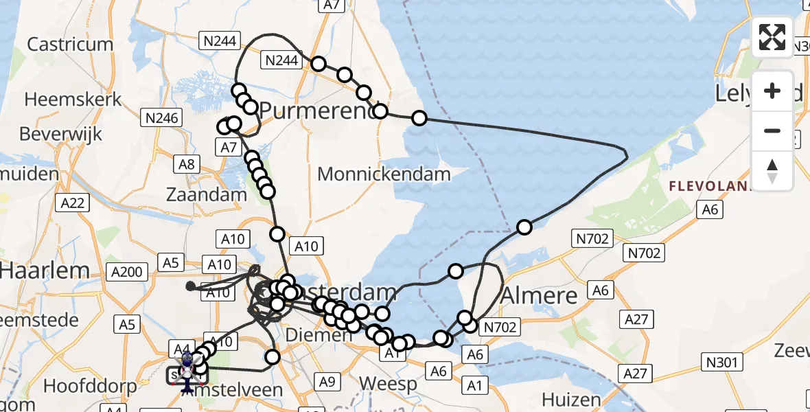 Vluchtroute Politiehelikopter van Amsterdam Vliegveld Schiphol naar Amsterdam Vliegveld Schiphol