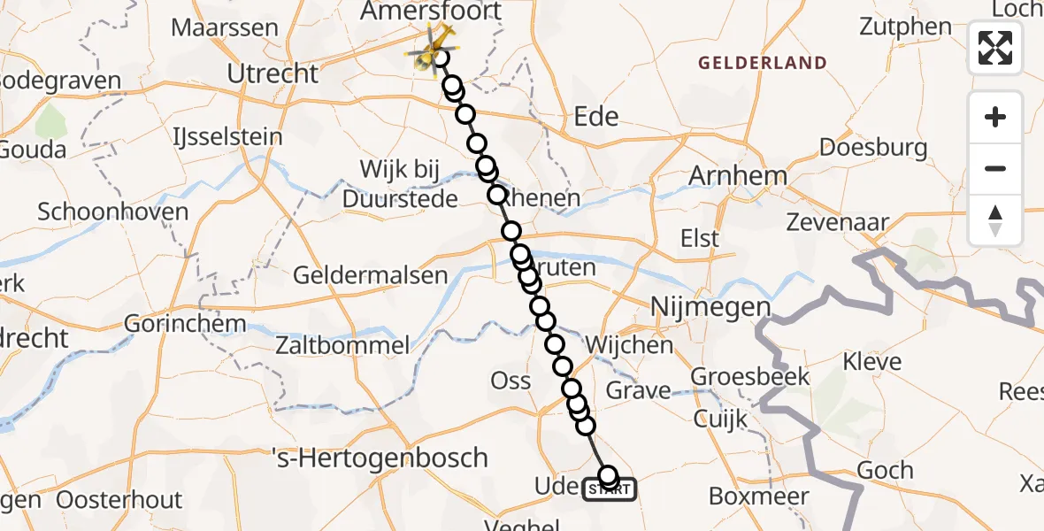 Vluchtroute Traumahelikopter van Vliegbasis Volkel naar Leusden