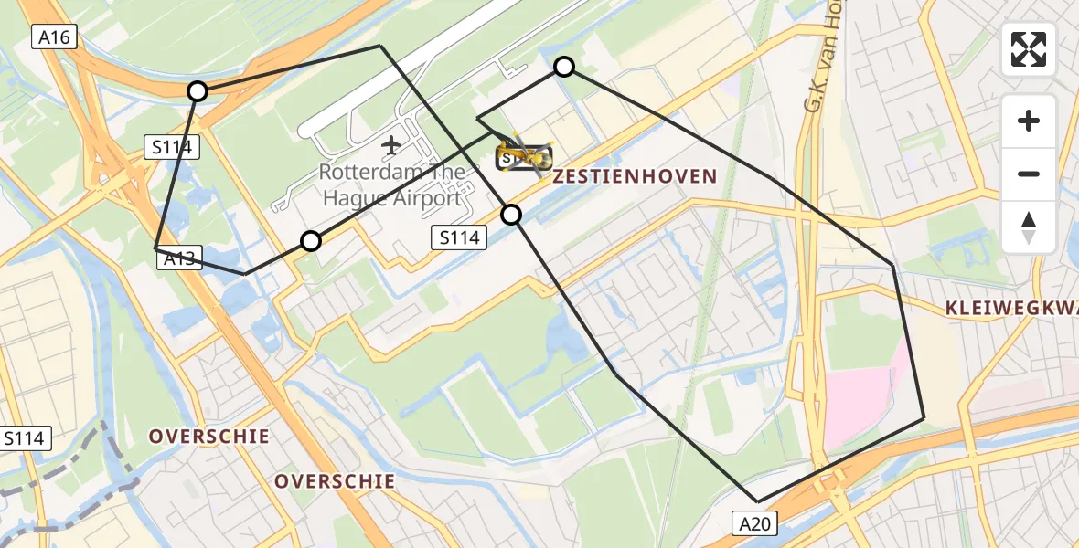 Vluchtroute Traumahelikopter van Rotterdam The Hague Airport naar Rotterdam The Hague Airport