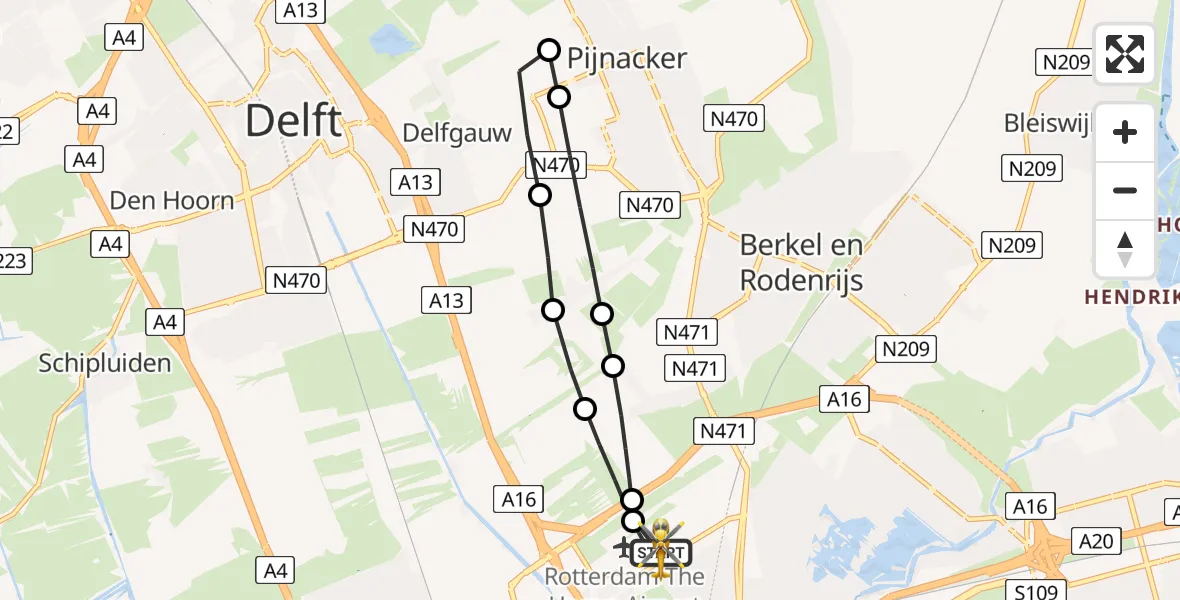 Vluchtroute Traumahelikopter van Rotterdam The Hague Airport naar Rotterdam The Hague Airport