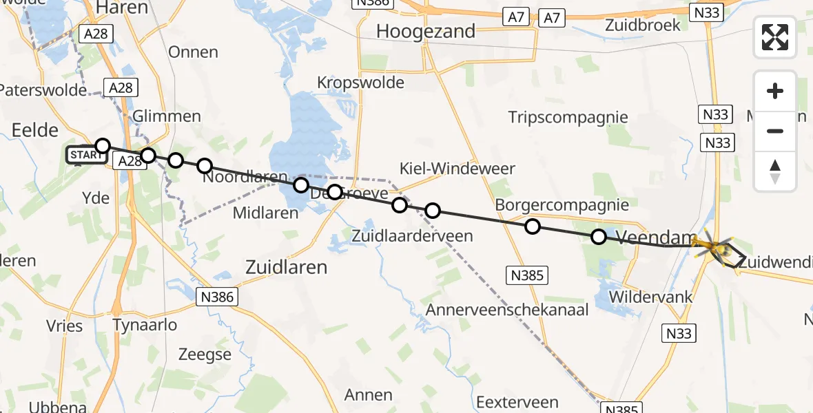 Vluchtroute Traumahelikopter van Groningen Airport Eelde naar Veendam