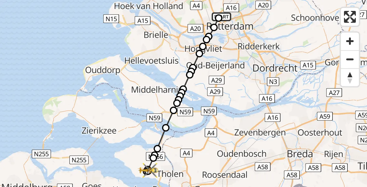 Vluchtroute Traumahelikopter van Rotterdam The Hague Airport naar Scherpenisse