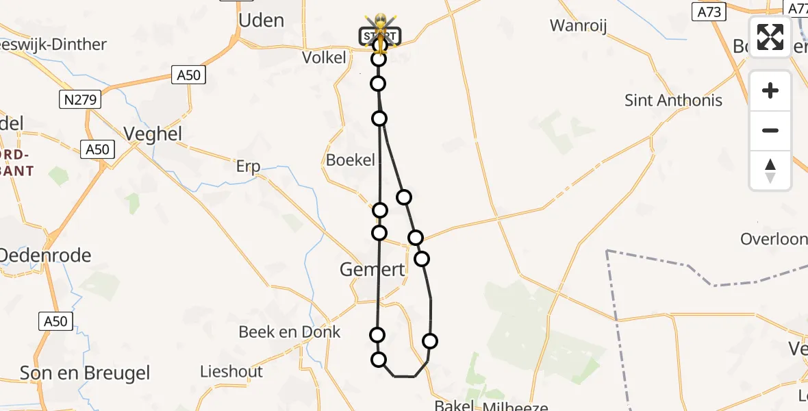 Vluchtroute Traumahelikopter van Vliegbasis Volkel naar Vliegbasis Volkel