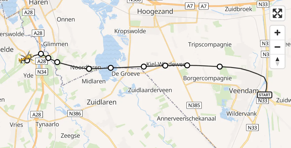 Vluchtroute Traumahelikopter van Veendam naar Groningen Airport Eelde