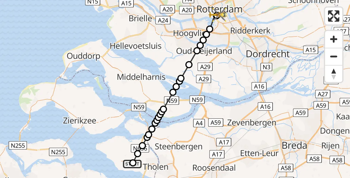 Vluchtroute Traumahelikopter van Scherpenisse naar Erasmus MC