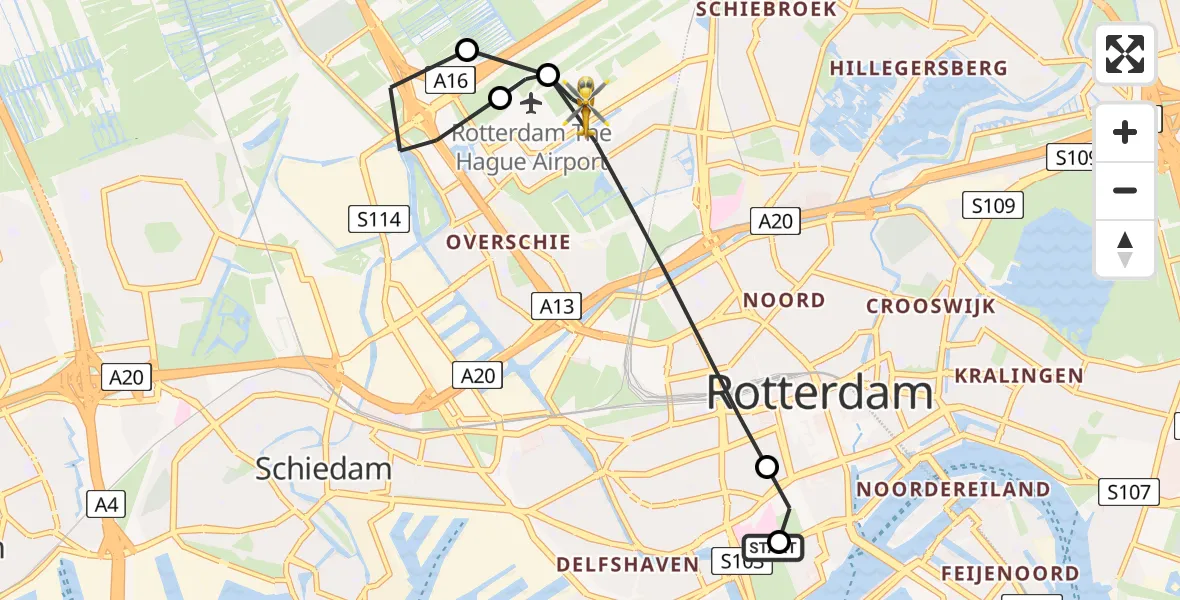 Vluchtroute Traumahelikopter van Erasmus MC naar Rotterdam The Hague Airport