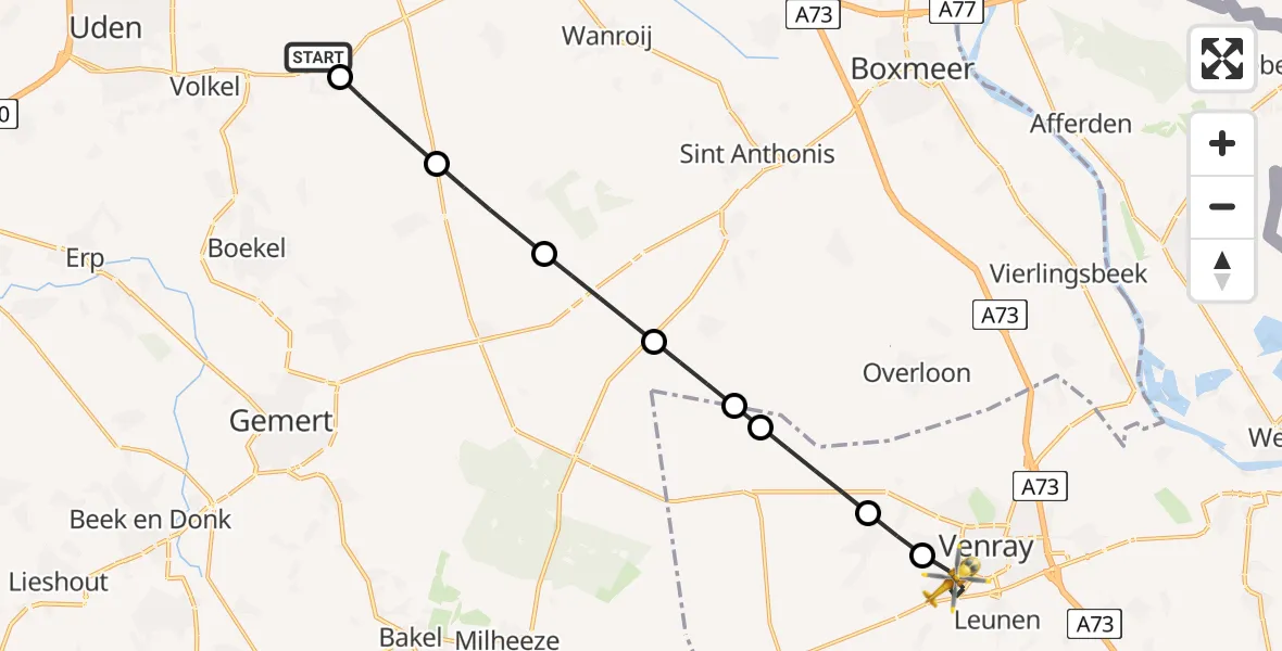Vluchtroute Traumahelikopter van Vliegbasis Volkel naar Venray