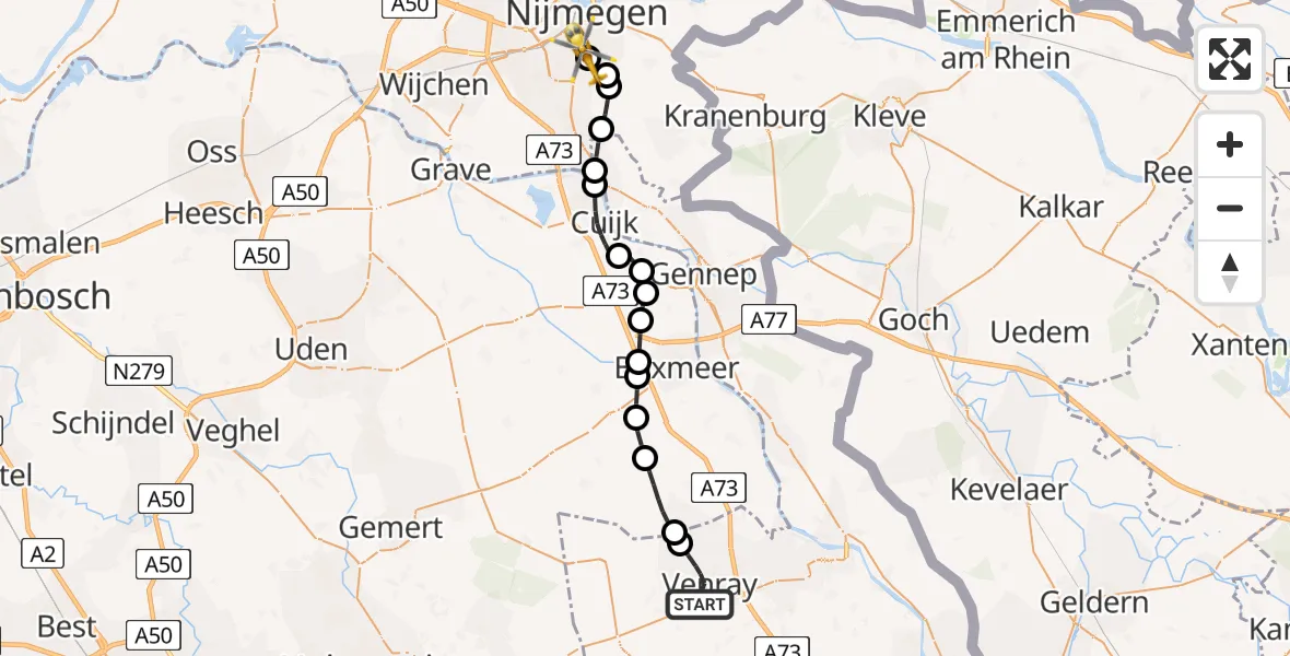 Vluchtroute Traumahelikopter van Venray naar Radboud University Medical Center Heliport