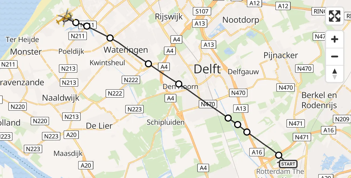 Vluchtroute Traumahelikopter van Rotterdam The Hague Airport naar 's-Gravenhage