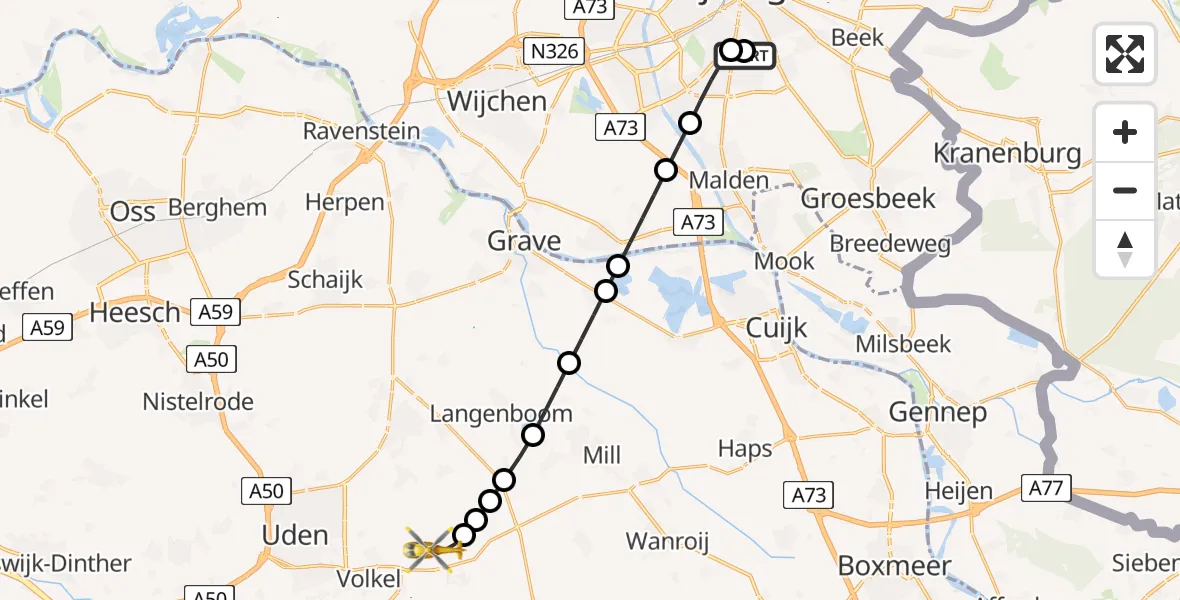 Vluchtroute Traumahelikopter van Radboud Universitair Medisch Centrum naar Vliegbasis Volkel