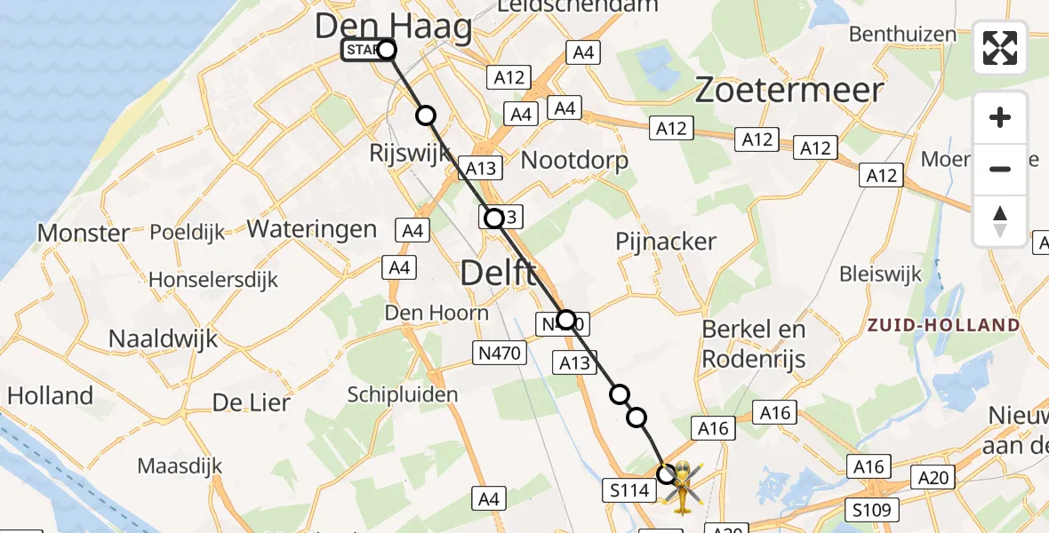 Vluchtroute Traumahelikopter van HMC Westeinde Heliport naar Rotterdam The Hague Airport