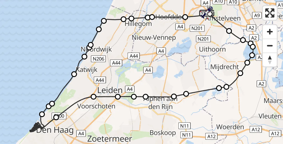 Vluchtroute Politiehelikopter van Amsterdam Vliegveld Schiphol naar Amsterdam Vliegveld Schiphol