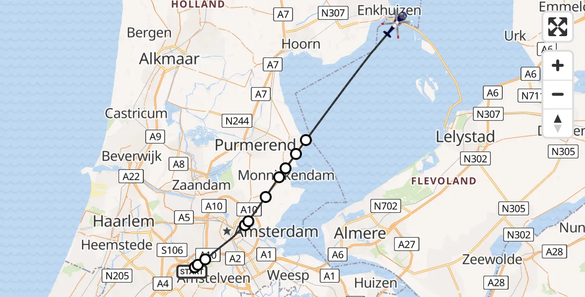 Vluchtroute Politiehelikopter van Amsterdam Vliegveld Schiphol naar Markermeer