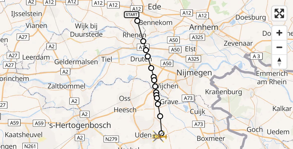 Vluchtroute Traumahelikopter van Veenendaal naar Vliegbasis Volkel