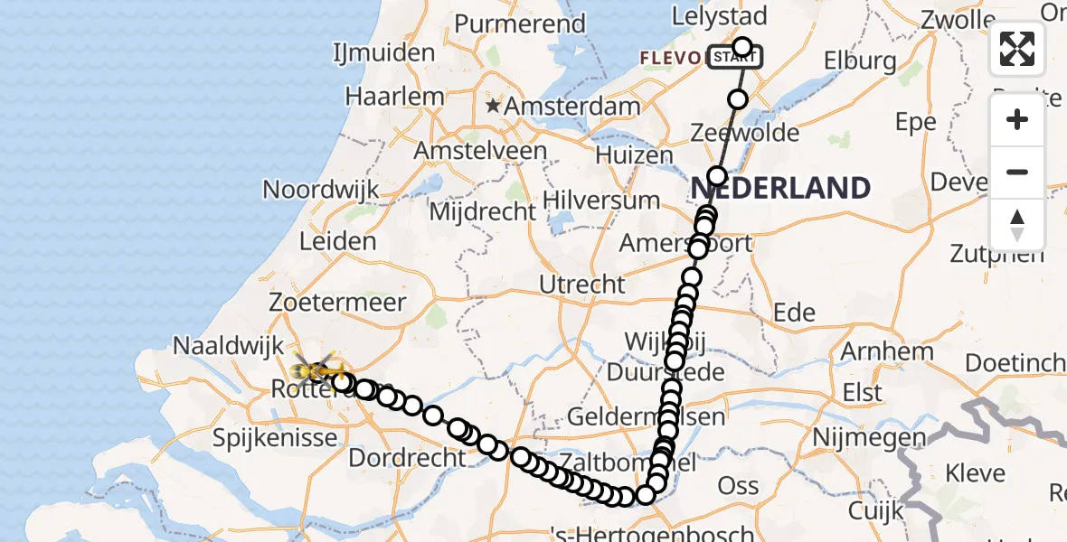 Vluchtroute Traumahelikopter van Lelystad Airport naar Rotterdam The Hague Airport