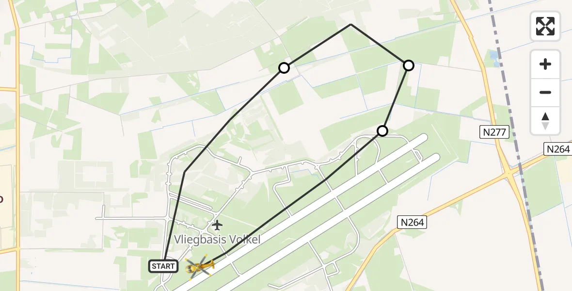 Vluchtroute Traumahelikopter van Vliegbasis Volkel naar Vliegbasis Volkel