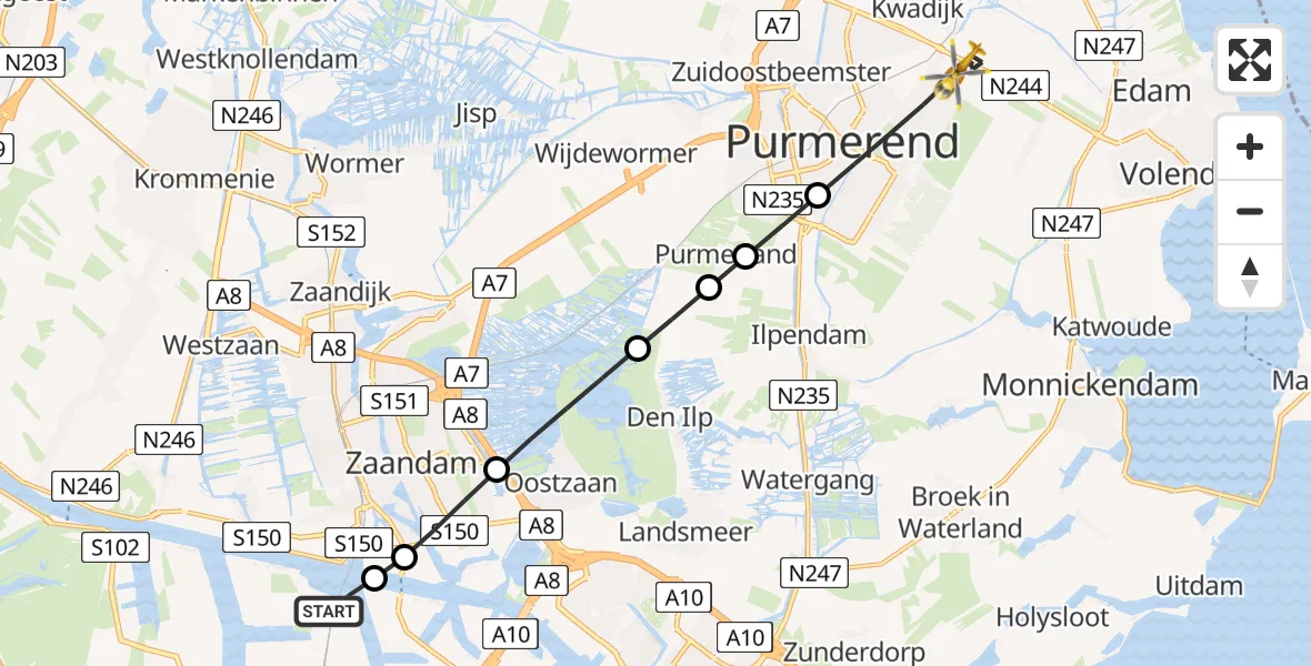 Vluchtroute Traumahelikopter van Amsterdam Heliport naar Purmerend