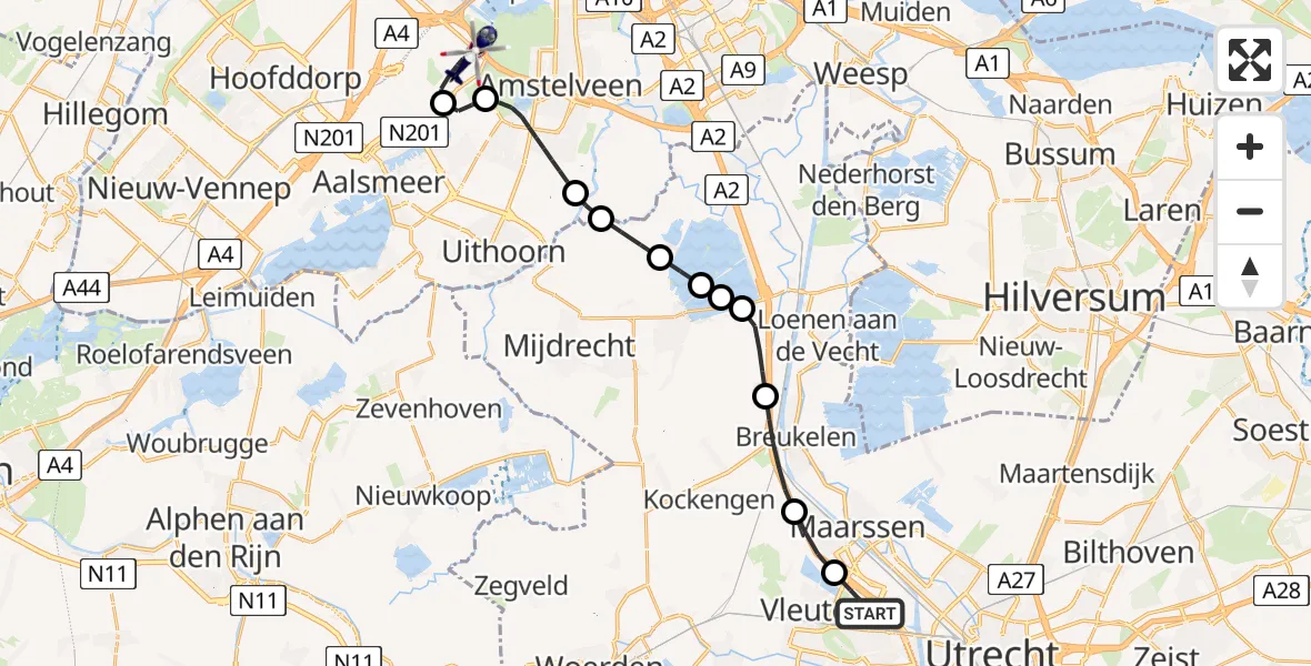 Vluchtroute Politiehelikopter van Utrecht naar Amsterdam Vliegveld Schiphol